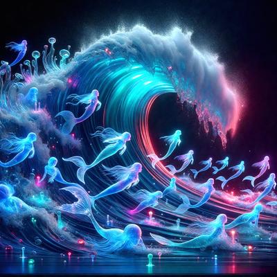 The primary subject of the image is a large, colorful wave with a blue and white color scheme. The wave is filled with various sea creatures, including fish and other aquatic animals. The setting is underwater, with the wave crashing over the creatures. The visual style is a combination of digital art and illustration, creating a vibrant and lively atmosphere. The dominant colors are blue, white, and various shades of aqua, giving the scene a serene and calming mood.